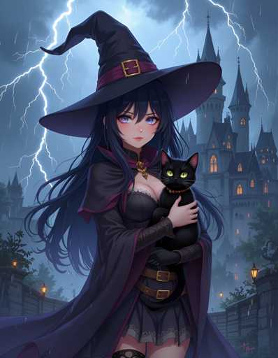 A young girl with long dark hair is standing on a bridge and holding a black cat in her arms. She is wearing a purple dress and a black witch's hat that has a gold trim around the base. The background features a castle under a stormy sky, with lightning bolts illuminating the scene.
