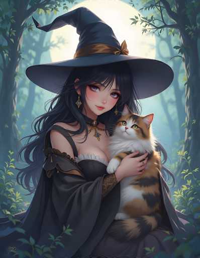 This detailed illustration features a young woman with long, dark hair cascading down her back. She is adorned in a striking witch's hat, which is black with a gold band encircling its base. The hat's brim is notably wide, adding to her mystical appearance. Her attire includes a black dress with a low-cut neckline, revealing a hint of cleavage, and a cape draped elegantly over her shoulders. The dress is further embellished with a choker necklace that has a central jewel, complemented by a pendant necklace hanging below it.

In her arms, she cradles a large cat with a white chest and a coat patterned in brown and black stripes. The cat's eyes are a vivid green, and it gazes upwards towards the top right corner of the image. The woman's own eyes are a mesmerizing purple, and she wears diamond-shaped earrings that add a touch of sparkle to her ensemble.

The background sets a serene, enchanting scene with a large, luminous moon casting its glow over a dense forest. The trees are tall and lush, their branches adorned with green leaves, creating a magical atmosphere that complements the witch's ethereal presence.
