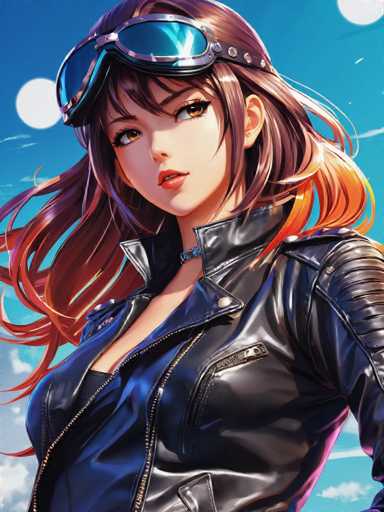 This image is a detailed screenshot from a video game, showcasing a close-up of a female character. The character has long, flowing brown hair that is slightly tinted with orange at the tips. She is wearing a black leather jacket, which is unzipped to reveal a black shirt underneath. The jacket features a distinctive collar with a silver button, and there is another silver button on the right side of the jacket. The character's face is adorned with red lipstick, and she has brown eyes. She is also wearing a pair of goggles, which are positioned on top of her head. The background of the image is a clear blue sky, with a white circle in the upper right corner, possibly representing the sun.