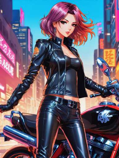 The image depicts a vibrant, cartoon-style scene set in a bustling cityscape. Dominating the foreground is a striking woman with short, wavy hair that transitions from a purplish hue at the roots to an orange tint at the tips. She is dressed entirely in black, wearing a sleek leather jacket, matching leather pants, and a black top. Her outfit is accentuated by a black belt with a silver buckle. She stands confidently on a red motorcycle, gripping the handlebars with one hand while the other rests on the seat. The motorcycle features a prominent blue headlight and a black seat. The background is a dynamic urban environment, filled with tall buildings adorned with neon signs and billboards, some of which display text in an Asian language. The sky above is a clear, bright blue, adding to the overall energy and vibrancy of the scene.