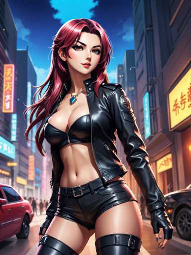The image depicts a highly detailed, computer-generated scene of a young woman standing in the middle of a bustling city street. She has long, flowing red hair and is dressed in a striking black leather outfit, consisting of a jacket, shorts, and thigh-high boots. Her attire is accentuated by a blue necklace with a triangular pendant. The woman's pose is confident, with her head slightly tilted to the right, and she gazes directly at the viewer. She also wears black fingerless gloves, adding to her edgy appearance.

The background features a vibrant cityscape with tall buildings adorned with neon signs displaying Asian characters, suggesting an urban setting in an Asian country. The sky above is a clear blue with scattered clouds, enhancing the overall lively atmosphere. On either side of the street, there are cars parked, and a few pedestrians can be seen in the distance, contributing to the sense of a busy, metropolitan environment. The scene is rich in color, with prominent hues of blue, yellow, red, and black, creating a visually striking and dynamic composition.