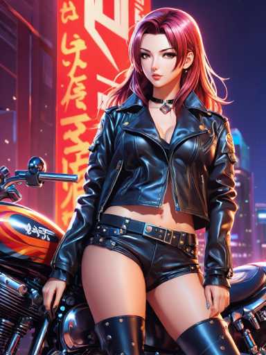 The image depicts a highly detailed, computer-generated anime-style woman with long, flowing pink hair. She is dressed in a black leather jacket that is open at the front, revealing a black bra and her midriff. Her outfit includes very short black leather shorts, accentuated by a black belt with gold studs and a prominent buckle. She is also wearing thigh-high black leather boots with similar gold studs. The woman is seated on a red and black motorcycle, which features a black seat and handlebars. The motorcycle is adorned with white Japanese characters. The background showcases a vibrant cityscape with tall buildings, some illuminated in blue, and a large red sign with yellow Japanese characters. The scene is set against a dark blue sky, adding to the overall dramatic and stylish atmosphere of the image.