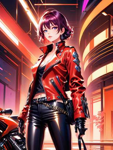 The image depicts a striking anime-style female character with short, wavy hair that transitions from a rich purple at the roots to a vibrant red at the tips. Her large, expressive blue eyes are accentuated by her small, delicate nose and a subtle mouth. She is dressed in a black crop top that reveals her midriff, paired with black leather pants and a matching black belt. Over her outfit, she wears a red leather jacket adorned with silver buttons and patches on the shoulders, adding a touch of edgy sophistication. Her hands are clad in black leather gloves, and she appears to be holding a black leather whip. The character stands confidently in front of a sleek, red motorcycle, with a backdrop of a modern cityscape featuring tall buildings and illuminated windows. The scene is bathed in a mix of red, orange, and yellow hues, creating a dynamic and vibrant atmosphere.