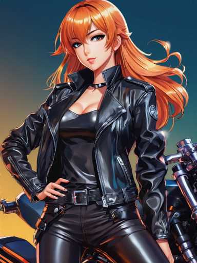 A woman with red hair and a black leather jacket stands confidently on the back of a motorcycle against a blue sky backdrop.