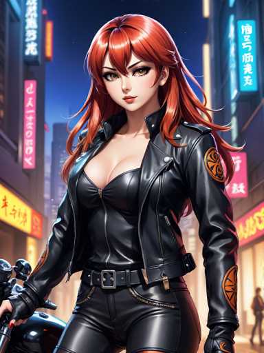 In this captivating image, a striking female character stands confidently in the middle of a bustling city street. She is adorned in a sleek black leather jacket, which is unzipped to reveal a matching black leather bra underneath. Her outfit is completed with matching black leather pants, creating a bold and edgy ensemble. The character's long, flowing red hair cascades down her back, adding a vibrant contrast to her dark attire. She is positioned on a black motorcycle, with her left hand gripping the handlebars and her right hand resting on the bike's body. The motorcycle's front wheel is visible in the bottom left corner of the image, while the rear wheel is partially obscured by her body. The background features a cityscape with buildings on both sides, adorned with signs in a foreign language, adding an exotic and dynamic atmosphere to the scene.