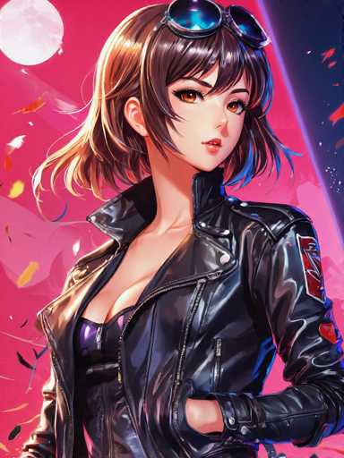 This detailed illustration features a young woman, likely in her late teens or early twenties, depicted in a style reminiscent of anime or manga. She has striking, large orange eyes and short brown hair that falls just below her chin. Her attire consists of a black leather jacket, which is unzipped to reveal a purple bra underneath. The jacket is adorned with a red patch on the left shoulder and another red patch on the left sleeve. She also sports black goggles perched on top of her head. The background is a vibrant pink, with a large white moon in the upper left corner, adding a touch of whimsy to the scene. The woman's gaze is directed towards the viewer, and her left hand is casually tucked into her jacket pocket.