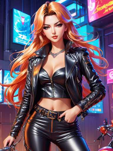 The image depicts a highly detailed, computer-generated scene featuring a young woman with long, flowing red hair. She is dressed in a striking outfit that includes a black leather jacket, a matching black leather bra, and black leather pants. A black belt with a gold buckle accentuates her waist. The woman's right hand is positioned in her right pocket, while her left hand rests on a chain that extends from her jacket. She has a fair complexion, brown eyes, and red lips, and her expression is one of slight concern as she gazes directly at the viewer. The background is a futuristic cityscape adorned with neon signs, one of which features a red mask with white eyes. The signs display text in an Asian language, adding to the scene's ambiance. In the bottom right corner, a red and black robotic arm is visible, suggesting a high-tech environment. The overall setting evokes a cyberpunk aesthetic, blending elements of advanced technology and urban grit.