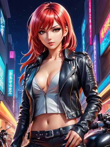 The image depicts a highly detailed, computer-generated scene of a young woman standing in the middle of a bustling city street at night. She has striking red hair and is dressed in a black leather jacket over a white crop top that reveals her midriff. Her outfit is completed with black leather pants and a black belt. The woman is positioned in front of a black motorcycle, with her left hand resting on the bike's handlebar. She gazes directly at the camera with a serious expression, her eyes wide open and her mouth slightly ajar. The background features tall buildings adorned with neon signs in various colors, including blue, purple, and pink, all displaying text in what appears to be Japanese. The sky is a deep blue, dotted with stars, adding to the urban, nighttime ambiance of the scene.