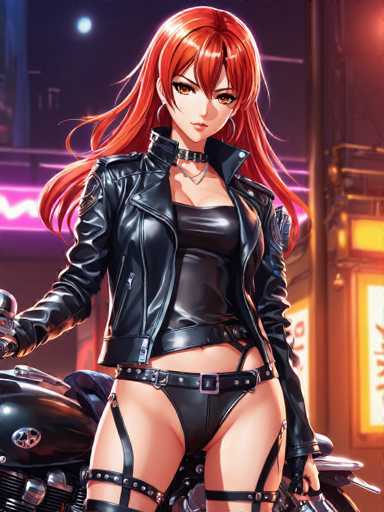 The image portrays a striking, computer-generated female character with long, flowing red hair. She is dressed in a black leather jacket, which is open to reveal a matching black leather bra and panties. A black belt with a purple buckle cinches her waist, and additional straps are visible around her thighs. Her ensemble is completed with black fingerless gloves. The character is seated on a sleek black motorcycle, with her right hand resting on the handlebar. The background features a dark, night sky with a faint blue hue, and a small, glowing white moon is visible in the top left corner. The scene is set against a backdrop of buildings, some adorned with neon signs, adding to the urban, nocturnal atmosphere.