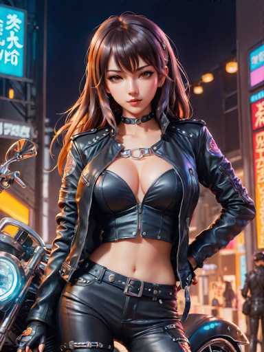 The image depicts a highly detailed, computer-generated scene of a young woman standing in front of a futuristic motorcycle. The woman, who appears to be of Asian descent, has long, flowing brown hair and striking brown eyes. She is dressed in a sleek, all-black leather outfit that includes a cropped jacket, a corset top, and matching pants. Her ensemble is accentuated by a black leather belt with a prominent buckle and a choker collar adorned with a metal chain. She wears fingerless gloves, adding to her edgy appearance.

The motorcycle behind her is a blend of classic and futuristic design, featuring a sleek black body with chrome accents and a blue headlight. The scene is set against a backdrop of towering buildings, some adorned with signs in an Asian script, suggesting a bustling urban environment. The sky is dark, indicating it is nighttime, and the woman stands with her left hand on her hip, exuding confidence and a sense of readiness.