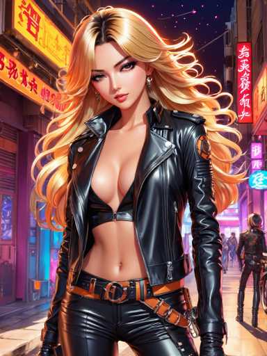 In this vibrant, cartoon-style image, a striking woman stands confidently in the foreground of a bustling city street. She has long, flowing blonde hair that cascades down to her waist, framing her face with delicate bangs. Her expressive brown eyes and full lips add to her captivating presence. She is dressed in a sleek, black leather jacket that is unzipped, revealing a matching black bra and a bare midriff. Her outfit is completed with tight black leather pants, accentuated by a brown belt that features a prominent buckle. The scene around her is lively, with other people walking along the sidewalk in the background. Above her, a series of signs adorned with Chinese characters add an element of cultural context to the urban setting.