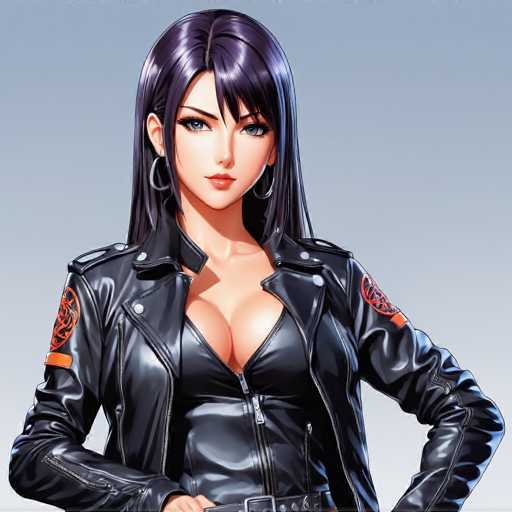The image features a striking anime-style female character with long, dark hair that cascades down to her waist. She has captivating blue eyes and is adorned with large hoop earrings. Her outfit consists of a black leather jacket, which is open at the front, revealing a matching black leather bra underneath. The jacket is detailed with silver buttons and patches on the shoulders, adding a touch of ruggedness to her ensemble. She also sports a black leather belt, completing her edgy and alluring look.