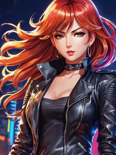This image features a striking, computer-generated female character set against a dark, futuristic cityscape. The background is a deep blue, punctuated by neon lights and towering skyscrapers, creating an atmosphere of high-tech, urban grit. The character is a white woman with long, flowing red hair that cascades down to her waist. Her hair is adorned with a black leather choker, detailed with a silver buckle and decorated with small silver studs. She wears a black leather jacket, unzipped to reveal a matching black leather top underneath, adding to her edgy, yet sleek appearance. Her makeup is bold, with dark red lipstick and heavy black eyeliner, accentuating her large, expressive brown eyes. She also sports silver hoop earrings, completing her look. The overall composition of the image is square, with the character centrally positioned, drawing the viewer's attention to her detailed and dynamic presence.