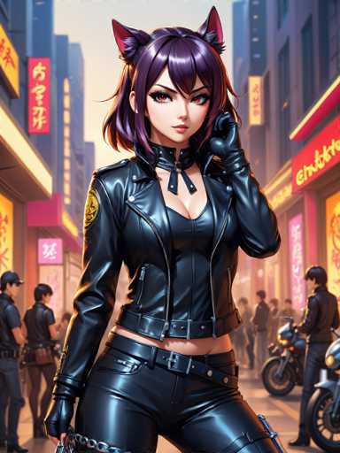 In this vibrant, cartoon-style image, a young woman stands confidently in the middle of a bustling city street. She is dressed in a sleek, all-black leather outfit that includes a jacket, pants, and a corset-like top, accentuated by a black choker with a ribbon. Her ensemble is completed with black gloves and a chain around her waist. She has striking purple hair styled in a bob with bangs, and wears cat-like cat ears on her head. Her eyes are a vivid red, adding to her bold appearance. The background depicts a cityscape with tall buildings adorned with signs in an Asian language, possibly Japanese or Chinese. The street is alive with activity, featuring people walking, a motorcycle, and several individuals in black uniforms, including a police officer. The scene is set during the daytime, with a gray sky overhead, capturing the essence of a dynamic urban environment.