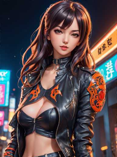 The image depicts a woman with long dark hair wearing a black leather jacket and boots. She is standing against the backdrop of a neon-lit city street at night, with buildings illuminated by bright lights in various colors. The woman's gaze is directed towards the camera, creating an engaging visual narrative that draws the viewer into her world.