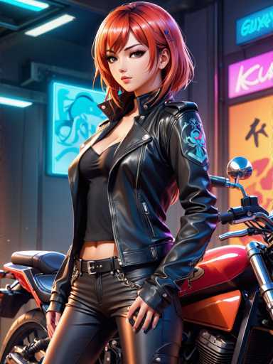 The image depicts a highly detailed, computer-generated scene featuring a young woman with striking red hair, styled in a bob cut. She is dressed in a black leather jacket adorned with a blue patch on the left shoulder, paired with matching black leather pants. Her outfit is completed with a black top, a black belt, and a chain hanging from her belt. The woman is posed confidently, with her left hand resting on her hip and her right hand hanging by her side. She has blue eyes and is wearing blue nail polish. 

Behind her stands a red motorcycle, adding to the edgy atmosphere of the scene. The background is a gray wall illuminated by blue and pink neon lights, with some Asian characters visible on the right side. The overall setting suggests a modern, possibly cyberpunk-inspired environment, with the woman exuding a strong, mysterious presence.
