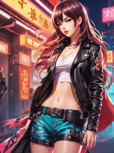 The image depicts a highly detailed, computer-generated anime-style woman standing in a bustling city street at night. She has long, flowing red hair that cascades down to her waist, with bangs framing her face. Her expressive eyes are accentuated by heavy eye makeup, and she wears a bold red lipstick. She is dressed in a black leather jacket adorned with a red dragon design on the sleeve, over a white crop top that reveals her midriff. Her outfit is completed with blue leather shorts, featuring multiple straps and buckles, and a black belt. She stands confidently, looking directly at the viewer, with a red cape billowing behind her. The background is filled with neon signs and buildings, some of which display Chinese characters, adding to the urban, possibly Asian, atmosphere. The scene is vibrant and dynamic, capturing the essence of a lively city night.