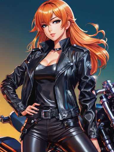 This image features a detailed, computer-generated illustration of a female character. She is depicted with long, flowing orange hair that cascades down her back. Her hair is styled with bangs that partially cover her forehead, while the rest of her hair is tucked behind her ears. She has striking blue eyes and a small, delicate nose. Her lips are slightly parted, revealing a hint of her teeth.

The character is dressed in a black leather jacket that is open, revealing a matching black leather bra underneath. She pairs this with black leather pants, completing her edgy, yet alluring ensemble. The overall style of the illustration is highly detailed and realistic, showcasing the artist's skill in creating lifelike digital art.