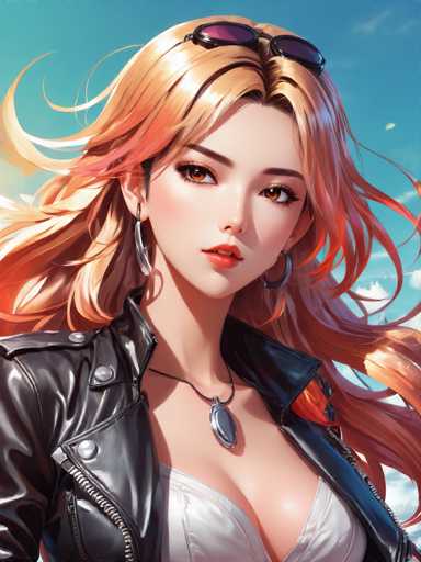 This image is a detailed, computer-generated illustration of a young woman, likely in her late teens or early twenties. She has long, wavy, blonde hair that cascades down to her chest. Her hair is adorned with a pair of black-framed sunglasses, positioned just above her head. She has striking brown eyes, accentuated by black eyeliner and mascara. Her lips are painted a vivid red, and she has a slight, playful smile.

Her attire includes a black leather jacket, which is open to reveal a white, low-cut top. The jacket features a zipper on the left side, and the collar is slightly turned up. Around her neck, she wears a black necklace with a pendant that has a silver, oval-shaped design.

The background is a clear blue sky, with a few white clouds visible in the top right corner. The overall composition of the image is square, and the focus is entirely on the woman, with no other elements present. The style of the illustration is highly detailed and realistic, showcasing the artist's skill in creating lifelike characters.