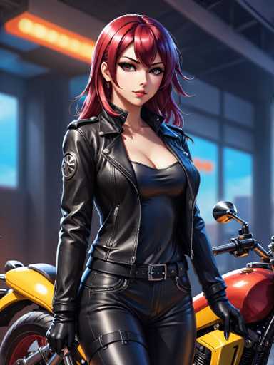 A woman with red hair is standing next to a motorcycle. She is wearing a black leather jacket and pants, and she has her hands on the handlebars of the motorcycle. The background features a building with large windows that reflect light onto the scene.