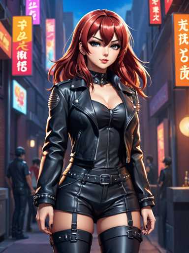 The image depicts a striking scene set in a bustling Asian city, possibly Japan or China, characterized by tall buildings adorned with vibrant neon signs in hues of orange, yellow, and red, featuring Asian characters. The sky is a clear blue, indicating it is daytime. In the foreground stands a captivating woman with long, flowing red hair that cascades past her shoulders. She has large, expressive blue eyes and is dressed in a sleek, all-black leather outfit that exudes a futuristic and edgy vibe. Her attire includes a high-neck choker collar, a leather jacket with a zipper, a corset-like top, shorts, and thigh-high boots. The outfit is accentuated with multiple buckles and straps, giving it a somewhat provocative appearance. She stands confidently, gazing directly at the viewer, her black-painted nails adding to her bold look. The background is filled with people, some of whom are also dressed in black leather, suggesting a scene from a video game or an anime. The overall atmosphere is dynamic and visually engaging, blending elements of modern urban life with a touch of futuristic fantasy.