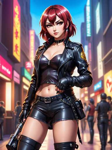 The image depicts a highly detailed, computer-generated scene of a young woman standing in the middle of a bustling city street. She is dressed in a striking outfit that includes a black leather jacket adorned with a gold patch on the left shoulder, a black leather bra, and matching leather shorts. Her ensemble is completed with thigh-high leather boots and a black leather belt featuring a silver buckle. A gun holster is strapped to her right side, and she holds a silver gun in her right hand. Her left hand is positioned near her belt, and she sports a black leather choker with a silver buckle. The woman has short, reddish-brown hair styled in a bob, and her eyes are a vivid orange. She is looking directly at the camera, exuding confidence and strength.

The background is a vibrant cityscape with tall buildings on both sides of the street, adorned with various neon signs and billboards. The signs feature a mix of colors, including red, yellow, blue, and white, with some displaying Asian characters. The street is filled with people, most of whom are dressed in black leather, adding to the edgy, futuristic atmosphere of the scene. The sky above is a clear blue, providing a stark contrast to the dark, urban environment below.