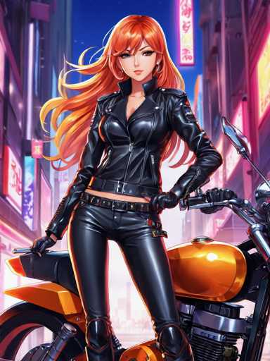 The image depicts a striking anime-style female character with long, flowing red hair that cascades down to her waist. She is dressed in a sleek black leather jacket, paired with matching black leather pants and gloves. Her outfit is accentuated by a black belt with a prominent buckle. The character is confidently perched on a vibrant orange motorcycle, which features a black seat and chrome handlebars. The motorcycle is positioned on the right side of the image, with the character straddling it. She gazes directly at the viewer, exuding a sense of boldness and allure. The background is a bustling cityscape, illuminated by neon signs and lights, suggesting a nighttime setting. The sky above is a deep blue, adding to the dramatic atmosphere of the scene.