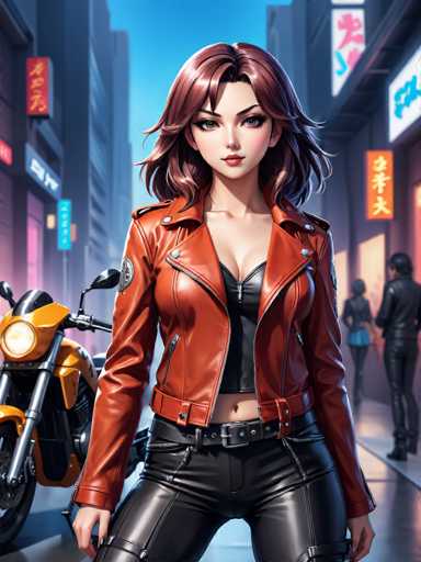 In this detailed image, we see a striking female character who appears to be from a video game or an AI-generated creation. She has long, wavy brown hair that cascades down to her shoulders, framing her face. Her eyes are a captivating blue, and she has a fair complexion. She is dressed in a stylish ensemble featuring a red leather jacket with a zipper on the left side, paired with a black leather top that reveals her midriff. Her outfit is completed with black leather pants, and she stands confidently with her hands at her sides.

To her left, there is a yellow motorcycle, adding a touch of action and adventure to the scene. The background is bustling with activity, as several people can be seen walking around. On the right side of the image, a man dressed entirely in black is visible, along with a woman wearing a black jacket and a blue skirt. The setting appears to be an urban area, possibly in an Asian country, as suggested by the signs with Asian characters visible on the buildings. The sky above is a clear blue, providing a vibrant backdrop to this dynamic and detailed scene.
