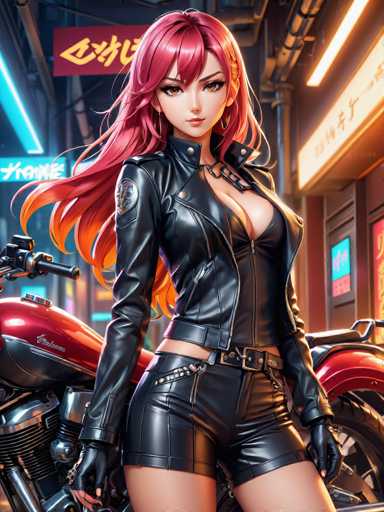 The image depicts a woman with red hair and a black leather jacket standing next to a motorcycle on the street. The background shows a neon sign for a store or restaurant, suggesting an urban setting.