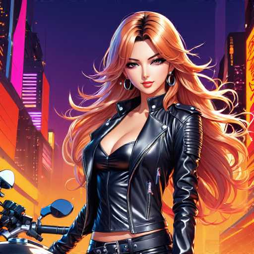 The image depicts a woman with long red hair wearing a black leather jacket and holding a motorcycle helmet. The background features a cityscape at night, with buildings illuminated by neon lights against the dark sky.
