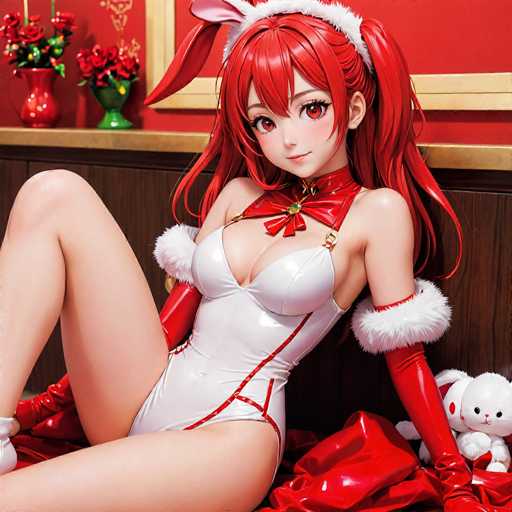 The image features a highly detailed, computer-generated anime-style character with long, flowing red hair and matching red eyes. She is adorned with a pair of red bunny ears and a white headband. The character is dressed in a revealing white bodysuit that accentuates her large breasts and long, slender legs. The bodysuit is trimmed with white fur around the shoulders and wrists, and she wears long red gloves that extend up to her biceps. A red bow tie with a green gem adorns her neck, adding a touch of elegance to her outfit.

The character is seated on a red blanket, with her left leg bent and her right leg extended. Her left arm rests on the blanket beside her, while her right arm is positioned behind her. To her left, there is a white stuffed bunny with red ears and a red spot on its cheek, adding a playful element to the scene. The background features a red wall with a gold trim, and a shelf adorned with two vases—one red and one green—each containing red flowers. The overall composition creates a vibrant and visually striking image.