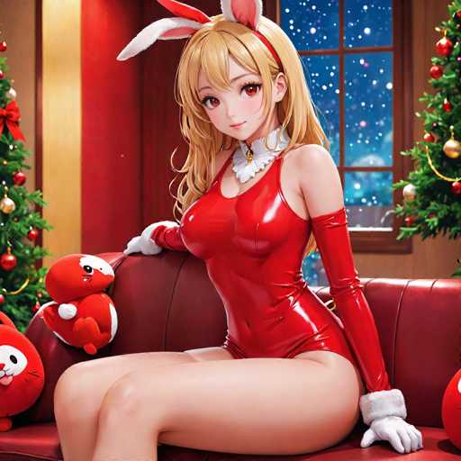 In this vibrant and festive image, a young woman is seated on a red leather couch, exuding holiday cheer. She is dressed in a striking red bodysuit that accentuates her figure, complemented by white gloves and a white collar. Her long blonde hair cascades down, and she sports a pair of playful red and white bunny ears. Her eyes are a captivating shade of red, adding to her enchanting appearance.

To her left, a red and white stuffed animal sits on the couch, adding a whimsical touch to the scene. The background reveals a large window through which a serene winter night is visible, with snow gently falling outside. Flanking the window are two Christmas trees adorned with red ornaments and gold tinsel, enhancing the festive atmosphere.

The woman's expression is one of contentment, with a slight smile gracing her face. Her left arm rests on the couch while her right arm is positioned behind her, contributing to her relaxed yet poised demeanor. The overall composition captures a moment of holiday joy and warmth.