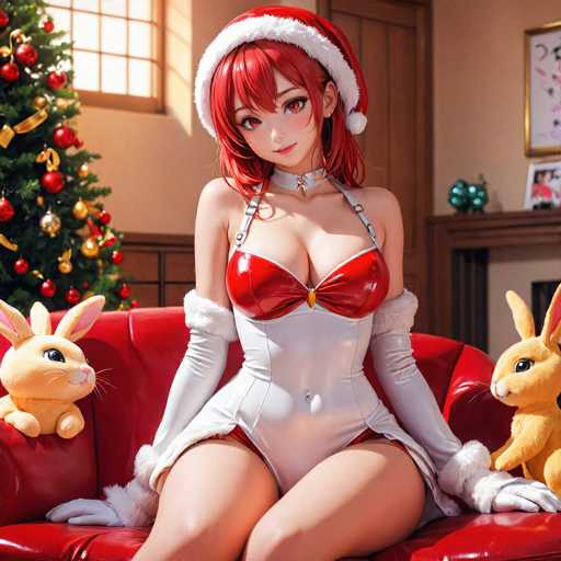 In this detailed image, we see a striking anime-style character with vibrant red hair and matching red eyes. She is adorned in a festive Santa hat and a revealing outfit that includes a white bodysuit with red accents, particularly around the chest area. The bodysuit is complemented by long white gloves that extend up to her biceps, each glove featuring a fluffy white cuff at the top. The character is seated on a plush red leather couch, flanked by two stuffed bunnies, one on each side. The background reveals a cozy living room setting, complete with a Christmas tree to the left and a fireplace to the right. The scene is further enhanced by the presence of a window in the top left corner and a door in the top right corner, adding depth to the room.