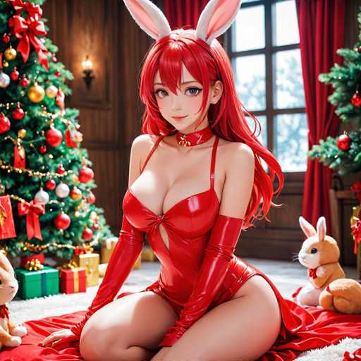 A woman dressed as a bunny is seated on a red blanket in front of a Christmas tree adorned with red and gold ornaments. To her right, there's another stuffed animal, possibly a rabbit, also partaking in the festive atmosphere. The background features a window that lets in natural light, illuminating the scene and highlighting the woman's vibrant red outfit against the white backdrop.