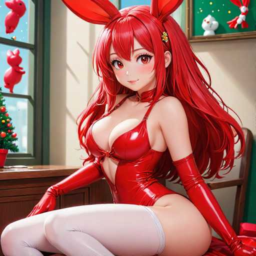 In this captivating image, a young woman is seated on a bed, exuding confidence and charm. She is dressed in a striking red leather bodysuit that accentuates her figure, paired with thigh-high white stockings that add a touch of elegance. Her long, flowing red hair cascades down her back, complementing her vibrant red eyes and the playful red bunny ears perched atop her head. The bodysuit features a unique design with a cutout at the top of her stomach, adding a touch of allure to her ensemble.

To her left, a window reveals a whimsical scene outside. A red bunny statue stands on the windowsill, while another red bunny is visible in the background, adding a playful and cohesive theme to the setting. The window frame is painted green, providing a refreshing contrast to the red accents in the room. Below the window, a brown dresser stands, adorned with a festive touch: a small Christmas tree in a red pot, complete with red and yellow ornaments, adding a warm holiday spirit to the scene.

The overall composition of the image is both enchanting and detailed, capturing a moment of playful elegance and festive cheer.