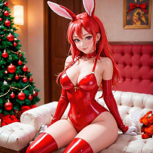 In this captivating image, a woman is dressed in a striking red leather bodysuit, accentuated by matching red thigh-high boots. She is adorned with a choker collar and a pair of whimsical bunny ears, adding a playful touch to her ensemble. Her long red hair cascades down, framing her face. She is seated on a pristine white leather couch, which features a red leather headboard. To her right, a small stuffed animal adds a charming detail to the scene. Behind her, a Christmas tree stands festively decorated with red ornaments and wrapped in red and white presents, enhancing the holiday spirit. The background reveals a brown door and a wall-mounted light fixture, contributing to the cozy ambiance of the room.