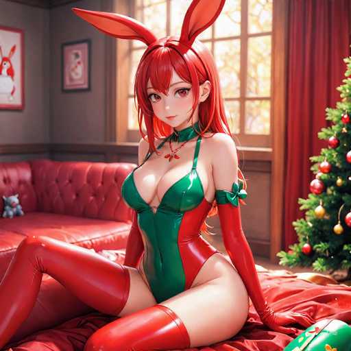 A woman with red hair and a green and red outfit is sitting on a bed next to a Christmas tree.