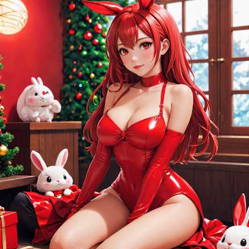 In this vibrant and detailed image, we see an anime-style girl with long, flowing red hair adorned with a pair of red bunny ears. She is dressed in a striking red leather corset that accentuates her large bust and long, slender legs. Complementing her outfit, she wears matching red leather gloves that extend up to her biceps. The background is festive, featuring a Christmas tree decorated with red and green ornaments, and a red wall that adds to the holiday atmosphere. To her left, a white stuffed bunny with pink ears sits on a wooden table, while another similar stuffed bunny is positioned to her right. The scene is further enhanced by a red present with a gold bow placed in front of her. The overall composition exudes a sense of holiday cheer and whimsical charm.