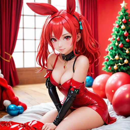 In this vibrant and festive scene, a young woman is seated on a bed adorned with white sheets. She is dressed in a striking red leather dress that accentuates her figure, complemented by long black gloves that extend to her elbows. Her ensemble is completed with a black leather choker featuring a heart-shaped pendant. Her long, flowing red hair cascades down, and she sports playful red bunny ears atop her head. Her eyes are a captivating shade of red, adding to her enchanting appearance.

The background is a festive wonderland, with a Christmas tree standing tall and decorated with red and gold ornaments, crowned with a golden star. Surrounding the tree are large red and blue balloons, adding to the holiday cheer. To the left, a window with red curtains tied back with gold ties allows light to filter into the room. A Santa Claus hat and two blue balloons rest on the floor near the window, enhancing the Christmas theme. The room is warmly lit, with a wooden floor that adds a cozy touch to this delightful holiday setting.