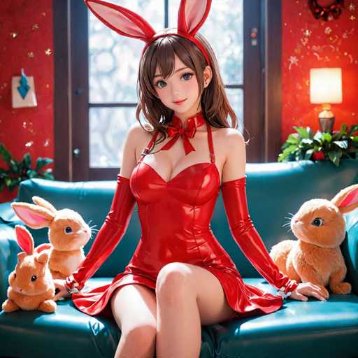 In this captivating image, a young woman is seated on a blue couch, exuding confidence and charm. She is dressed in a striking red leather dress that accentuates her figure, paired with matching red gloves that extend up to her biceps. Her long brown hair cascades down, complementing her vibrant red headband adorned with bunny ears. The woman's large, expressive eyes and small nose add to her captivating appearance. 

Behind her, the wall is painted a bold red, adorned with gold stars and various decorative elements. A white square with blue diamond shapes hangs on the left side of the wall, adding a touch of whimsy. A door with a window in the middle stands in the background, and to the right, a lamp casts a warm glow over a green plant. 

The scene is further enriched by the presence of three stuffed bunnies: two positioned behind her and one to her right. The overall composition creates a visually striking and detailed portrait that draws the viewer into the woman's world.