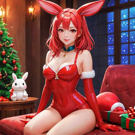 A woman is seated on a red couch with her legs crossed and wearing a red dress that resembles traditional Japanese clothing. A white rabbit figurine sits next to the couch. The background features a Christmas tree decorated with red and gold ornaments against a blue sky filled with falling snowflakes.