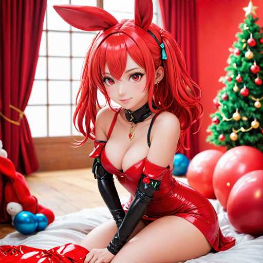 A woman with red hair and a red dress is sitting on a bed next to a Christmas tree decorated with red and gold ornaments.