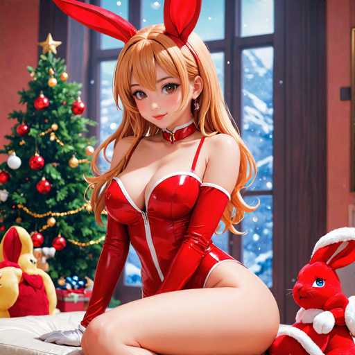 This image features a detailed, computer-generated depiction of a young woman with long, flowing blonde hair. She is dressed in a striking red outfit that includes a corset and matching red gloves. The ensemble is accentuated by a red collar around her neck. The woman is seated on a white leather couch, with her legs positioned in a way that one knee is bent and the other leg is extended. She is adorned with a pair of red bunny ears, adding a playful touch to her appearance. 

In the background, there is a festive Christmas tree decorated with red and gold ornaments, a star on top, and a red ribbon. The tree is surrounded by wrapped presents, enhancing the holiday atmosphere. To her right, a red stuffed bunny with white gloves and a white collar is visible, adding to the cozy scene. The overall composition of the image is vibrant and festive, capturing a moment of holiday cheer and playful elegance.
