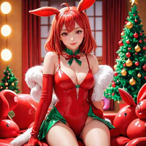 In this vibrant and festive scene, an anime-style female character is depicted in a striking Christmas-themed outfit. She is adorned in a red bodysuit with a green skirt, complemented by a green bow tie around her neck. Her ensemble is accentuated by red gloves that extend up to her biceps, and a white fur shrug draped over her shoulders. Her shoulder-length red hair is styled with bangs, and she wears a pair of red bunny ears, adding a playful touch to her look. The character's large eyes and small mouth are highlighted by her red pupils, giving her a captivating expression.

She is seated on a plush red couch, surrounded by an array of red stuffed animals, including a couple of bunny rabbits. The background features a Christmas tree adorned with gold and red ornaments, and a star crowning the top. The room is decorated with red drapes and a window with a red frame, enhancing the festive atmosphere. To the left, a string of round lights adds a warm glow to the scene. The overall composition exudes a cozy and cheerful holiday spirit.