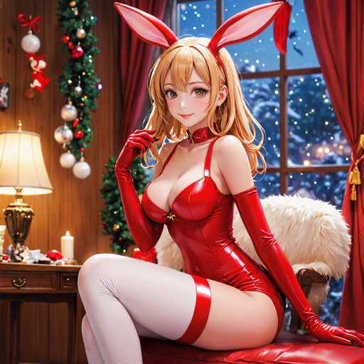 In this captivating image, a young woman is seated on a plush, red leather chair adorned with a white fur pillow. She is dressed in a striking red leather bodysuit that accentuates her figure, complemented by long red gloves that extend past her elbows. Her attire is completed with white stockings featuring a red band at the top, and a matching red collar around her neck. Her long, blonde hair cascades down, and she wears a pair of red bunny ears, adding a playful touch to her ensemble.

The setting is a cozy room with a wooden wall in the background, adorned with festive decorations. A Christmas tree stands tall, surrounded by green garlands and white ornaments, while red bows and other holiday decorations add to the seasonal charm. To the left of the scene, a wooden desk holds a white candle and a lamp with a white shade, casting a warm glow. A window behind the woman reveals a serene winter night, with snow gently falling and blanketing the ground. The scene is framed by red curtains, enhancing the festive and intimate atmosphere of the room.