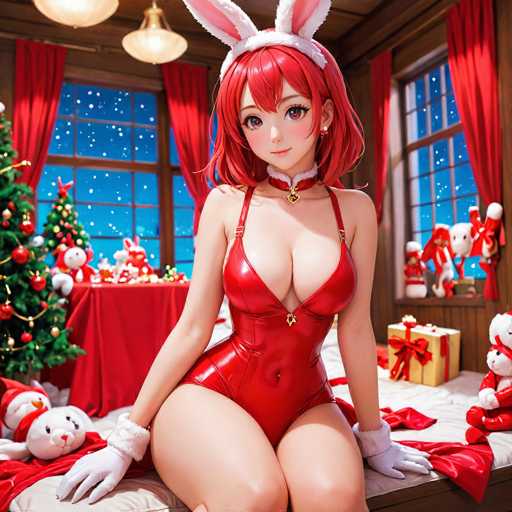 A woman is seated on a bed with red and white Christmas decorations around her. She is wearing a red dress and a white bunny ears headband. The room has a window that lets in the falling snow outside, creating a serene winter scene.