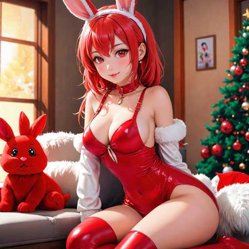 In this detailed image, we see a striking anime-style character with vibrant red hair and matching red eyes. She is adorned with a headband featuring long, pink bunny ears that have white stripes running down the center. The character is dressed in a revealing red bodysuit that accentuates her large chest and long, slender legs. The bodysuit is paired with white sleeves that have fluffy cuffs at the wrists, and she wears thigh-high red boots that complete her outfit. Around her neck, she sports a choker with a gold pendant, adding a touch of elegance to her ensemble.

The character is seated on a gray couch, which is decorated with white, fluffy pillows. To her left, there is a plush red stuffed rabbit, adding a cozy touch to the scene. Behind her, a Christmas tree adorned with red and gold ornaments stands tall, with a gold star crowning the top. The tree is set against a beige wall, which features a framed picture. To the left of the character, a window with a brown frame allows light to filter into the room, illuminating the scene.
