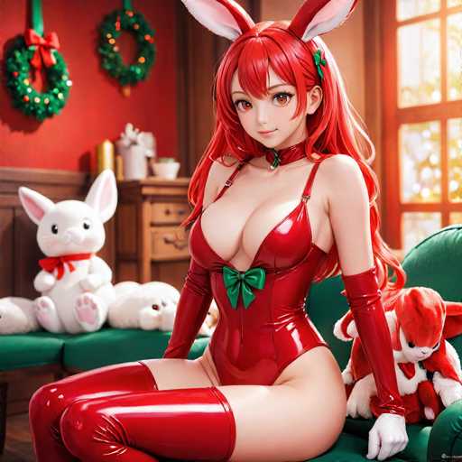 In this detailed image, we see a highly realistic anime-style character, possibly from a video game or an AI-generated creation. The character is a young woman with long, flowing red hair adorned with a green bow on the right side. She has striking brown eyes and is wearing a red leather bodysuit that accentuates her large chest and long legs. The bodysuit features a green bow at the center, and she complements her outfit with red leather boots that extend up to her thighs. Her ensemble is completed with white gloves and a red collar that has a green bow tie.

The character is seated on a green couch, surrounded by a festive Christmas setting. To her left, there is a white stuffed rabbit with a red bow tie, and to her right, a red and white stuffed rabbit. The background features a red wall decorated with two green wreaths, each adorned with red bows. A brown cabinet is positioned behind her, and to the right, a window with a brown frame allows light to filter into the room. The overall scene is warm and festive, with the character appearing relaxed and at ease in her cozy surroundings.