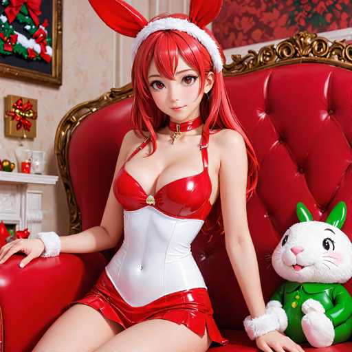 A woman is seated on a red couch with her legs crossed and wearing a white and red outfit that includes a red headband and a green bunny stuffed animal.