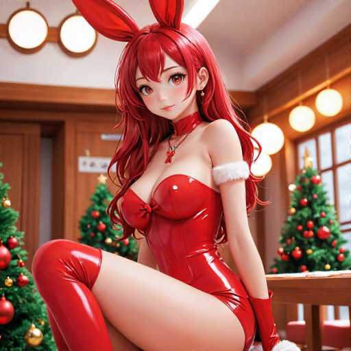 A woman with red hair and a red bunny ear is depicted wearing a red dress and gloves while sitting on a chair in front of a Christmas tree decorated with gold ornaments.